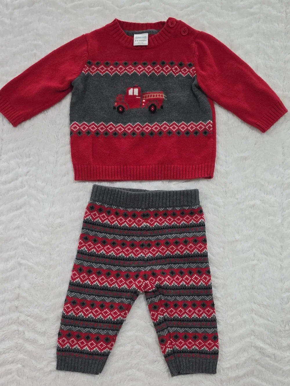 Gymboree Red and Gray Firetruck Knit Crewneck Set